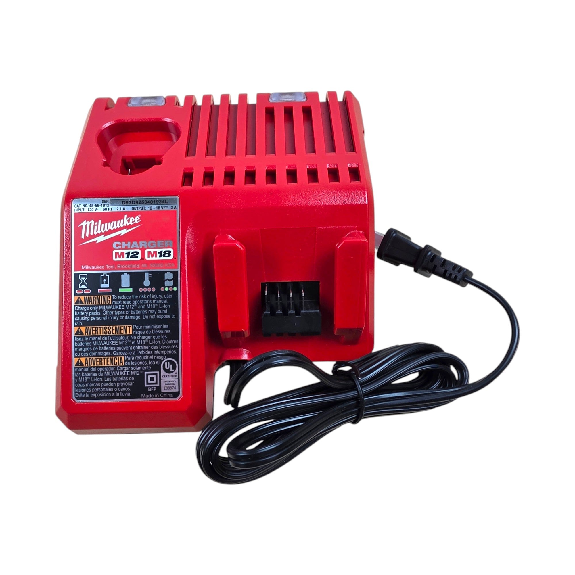 Milwaukee (48-59-1812) M12 and M18 12-Volt/18-Volt Lithium-Ion Multi-Voltage Battery Charger - genuine, brand new in secure, non-retail packaging