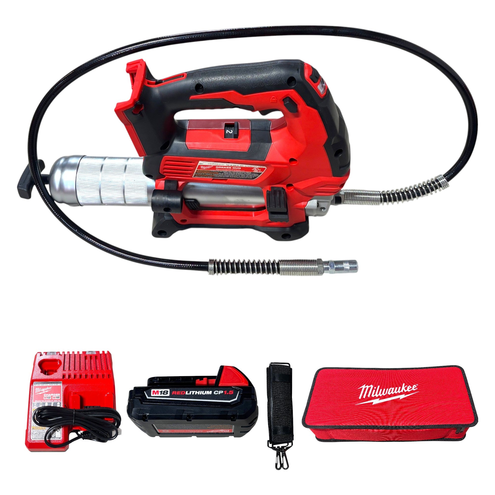 Milwaukee (2646-21CT) M18 18V Lithium-Ion Cordless Grease Gun 2-Speed with (1) 1.5Ah Batteries, Charger, Tool Bag