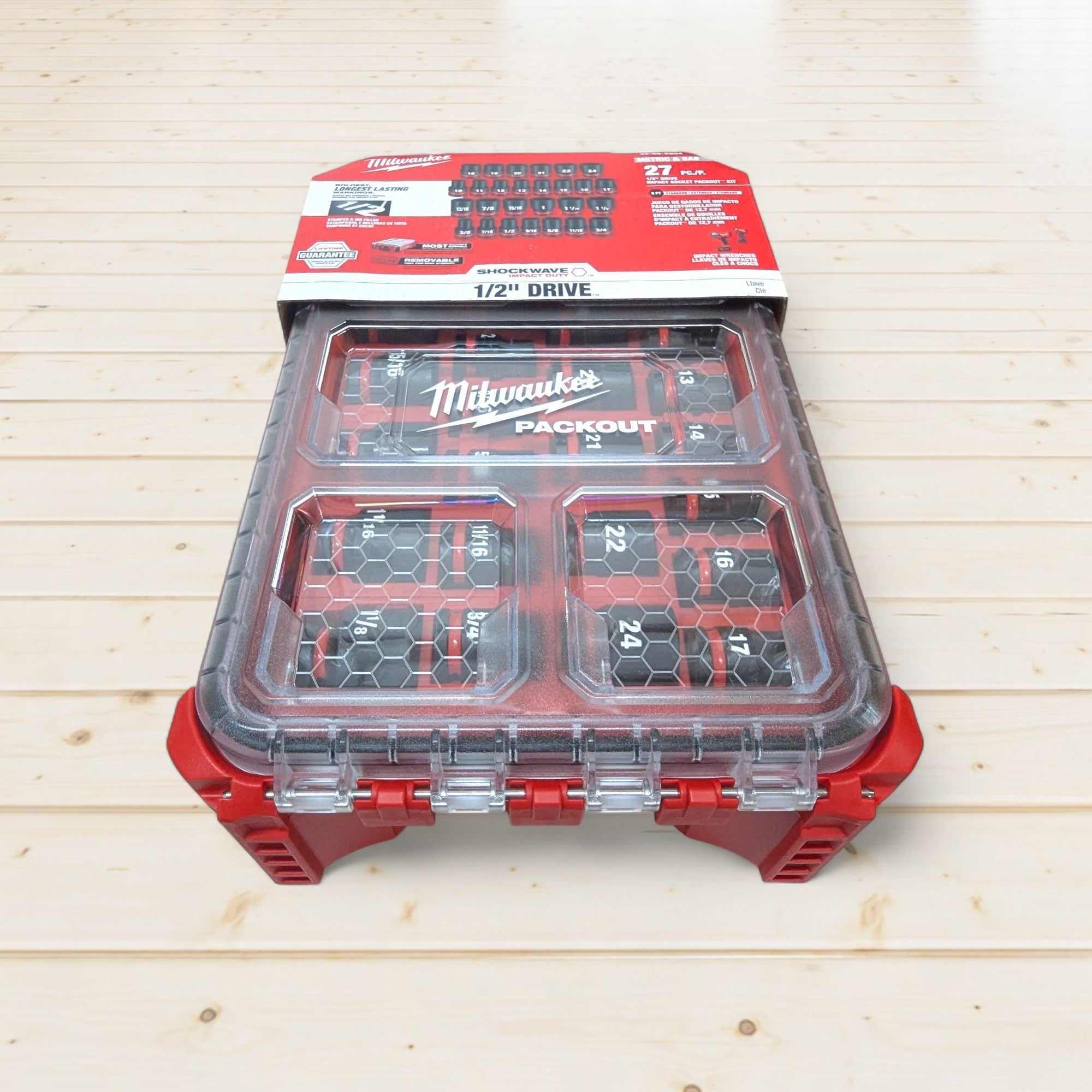 Milwaukee (49-66-6804) SHOCKWAVE Impact-Duty 1/2 in. Drive Metric and SAE Standard Impact PACKOUT Socket Set (27-Piece)