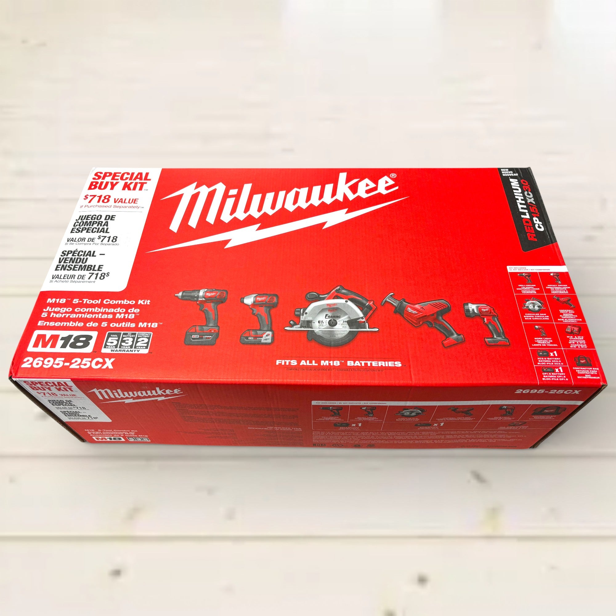 Milwaukee (2695-25CX) M18 18V Lithium-Ion Cordless Combo Kit (5-Tool) with (1) 3.0Ah and (1) 1.5Ah Battery, (1) Charger, (1) Tool Bag