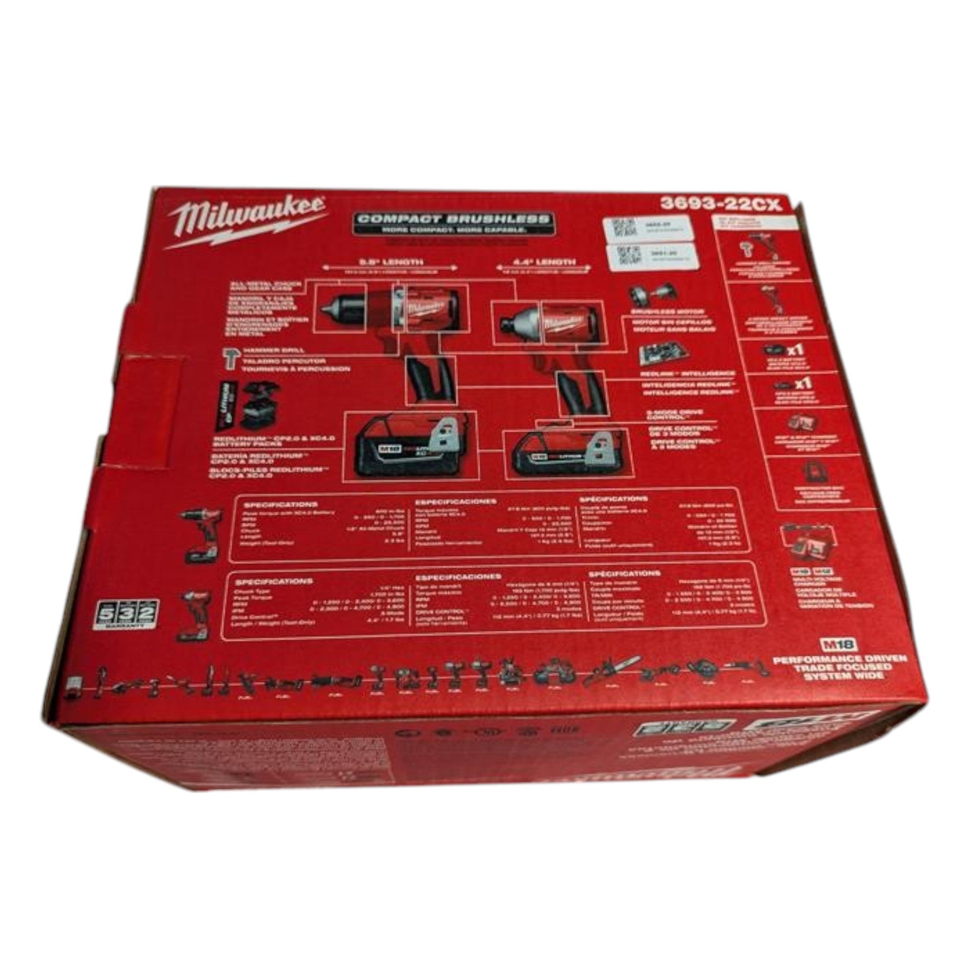 Milwaukee (3693-22CX) M18 18-Volt Lithium-Ion Brushless Cordless Compact Hammer Drill/Impact Combo Kit (2-Tool) with (2) Batteries, Bag