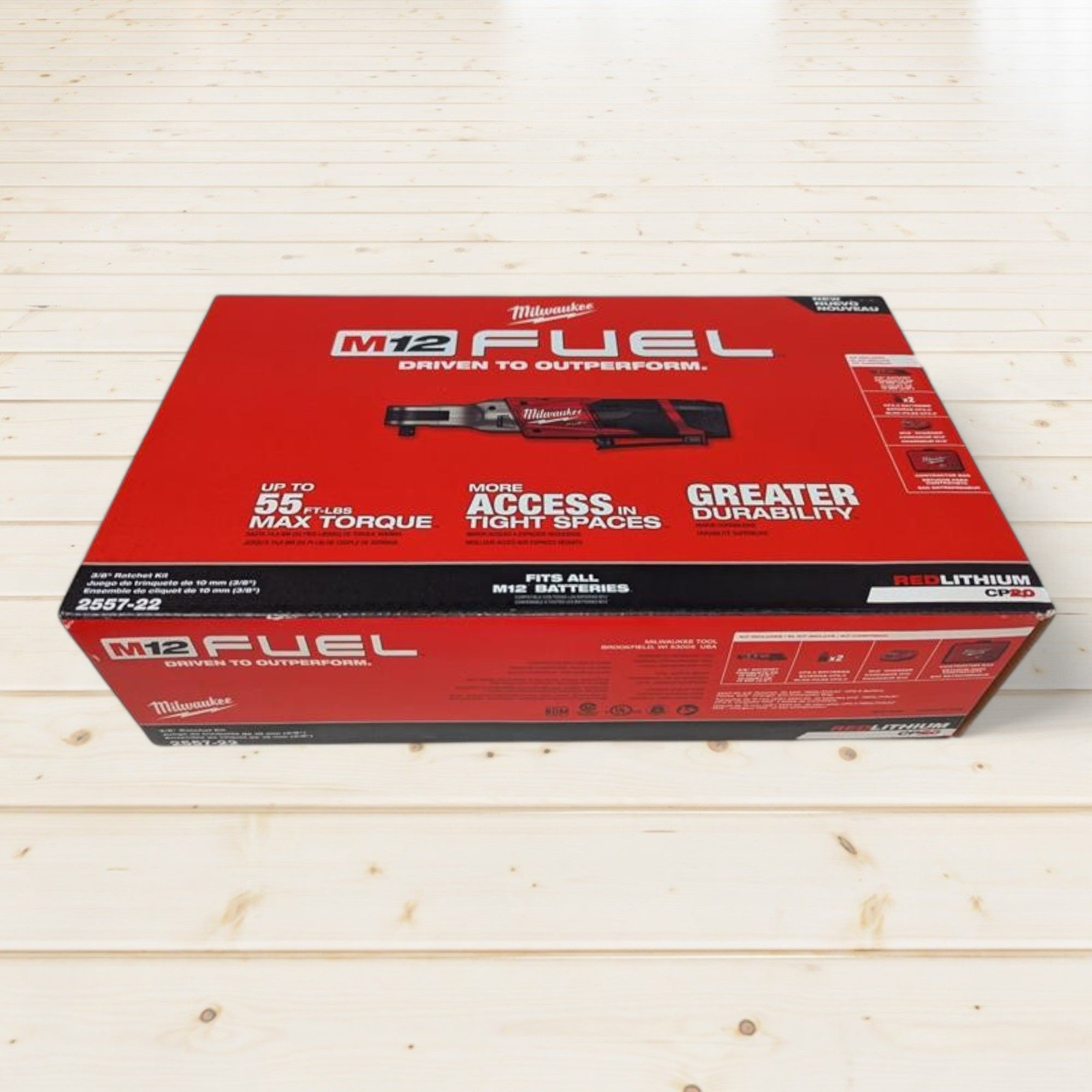 Milwaukee (2557-22) M12 FUEL 12V Lithium-Ion Brushless Cordless 3/8 in. Ratchet Kit with (2) 2.0Ah Batteries, Charger & Tool Bag