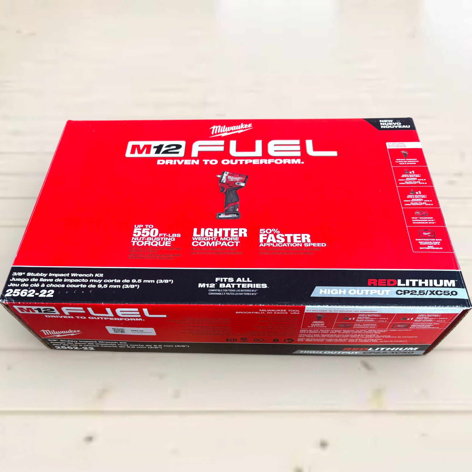 Milwaukee (2562-22) M12 FUEL 12V Li-Ion Brushless Cordless Stubby 3/8 in. Impact Wrench Kit w/(1) 5.0Ah & (1) 2.5 Ah High Output Batteries