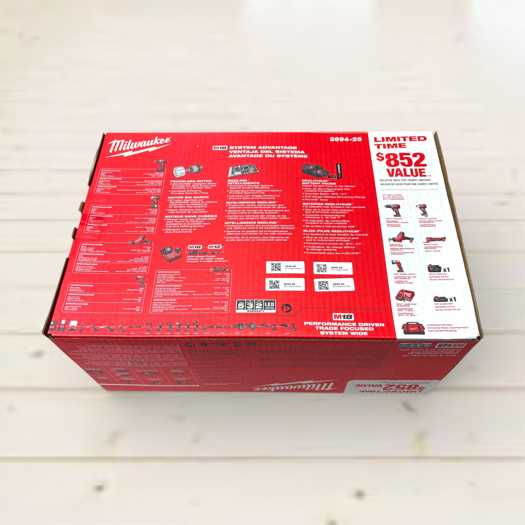 Milwaukee (2694-25) M18 18V Lithium-Ion Cordless Combo Kit (5-Tool) with (2) Batteries, Charger and Tool Bag