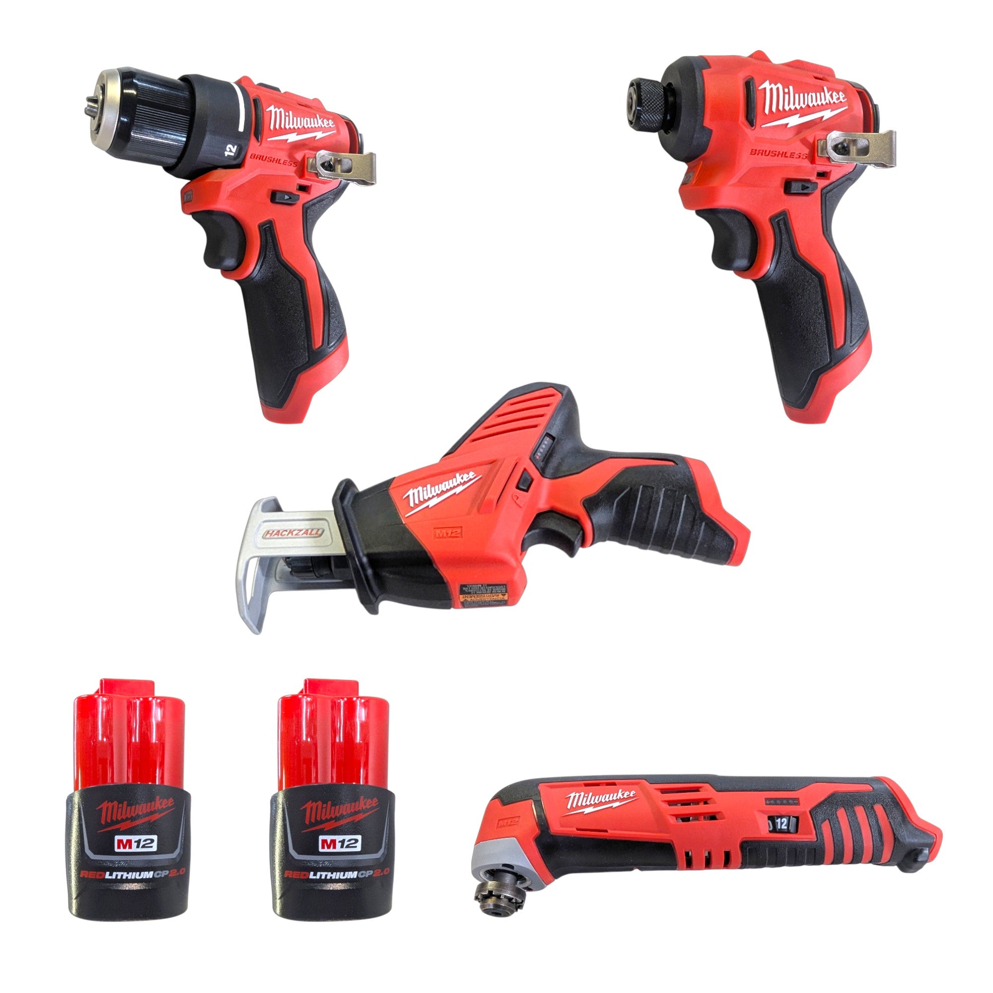 Milwaukee (3494-24) M12 12V Lithium-Ion Brushless Cordless Subcompact Drill and Impact Driver Kit with Hackzall and Multitool 4-Tool Kit