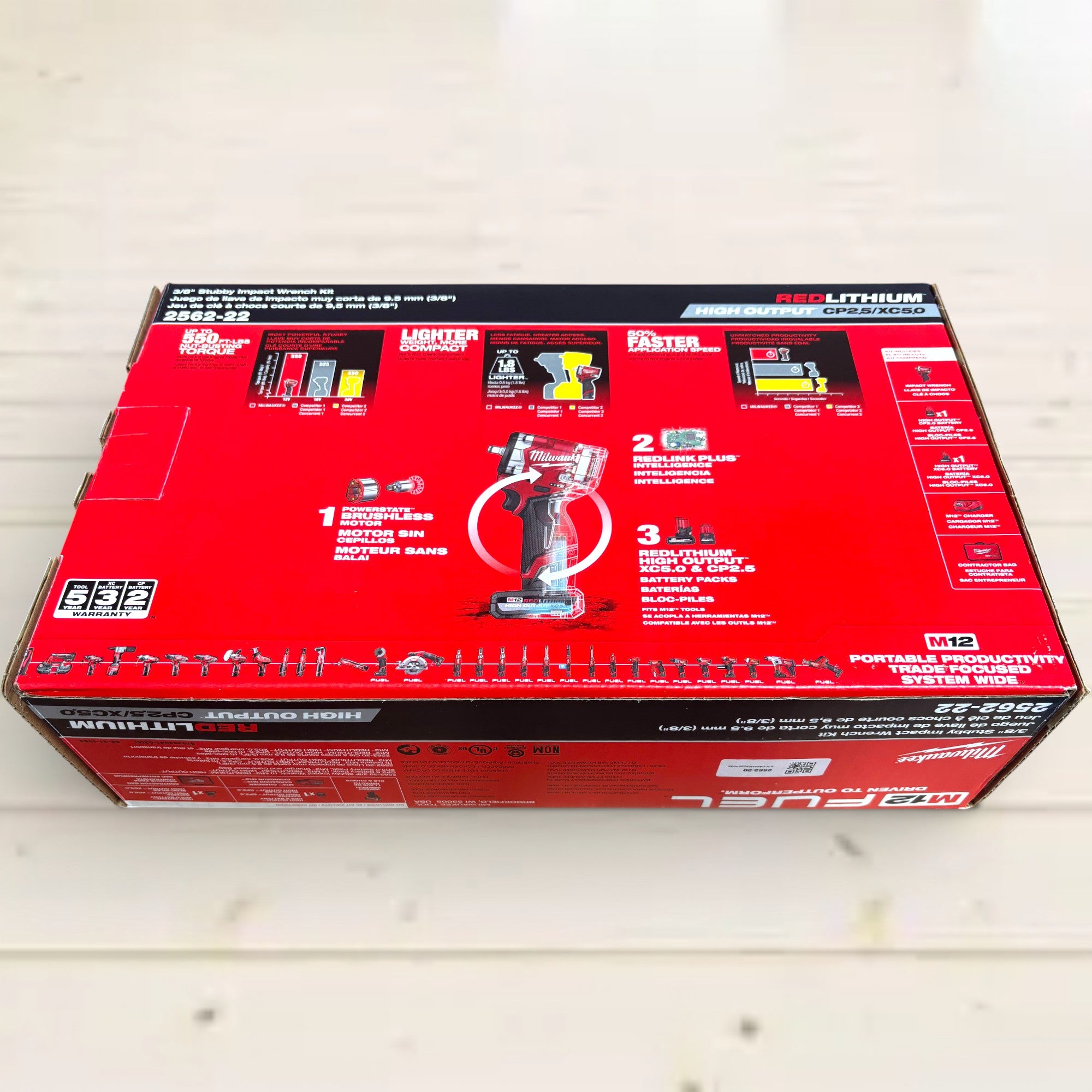 Milwaukee (2562-22) M12 FUEL 12V Li-Ion Brushless Cordless Stubby 3/8 in. Impact Wrench Kit w/(1) 5.0Ah & (1) 2.5 Ah High Output Batteries