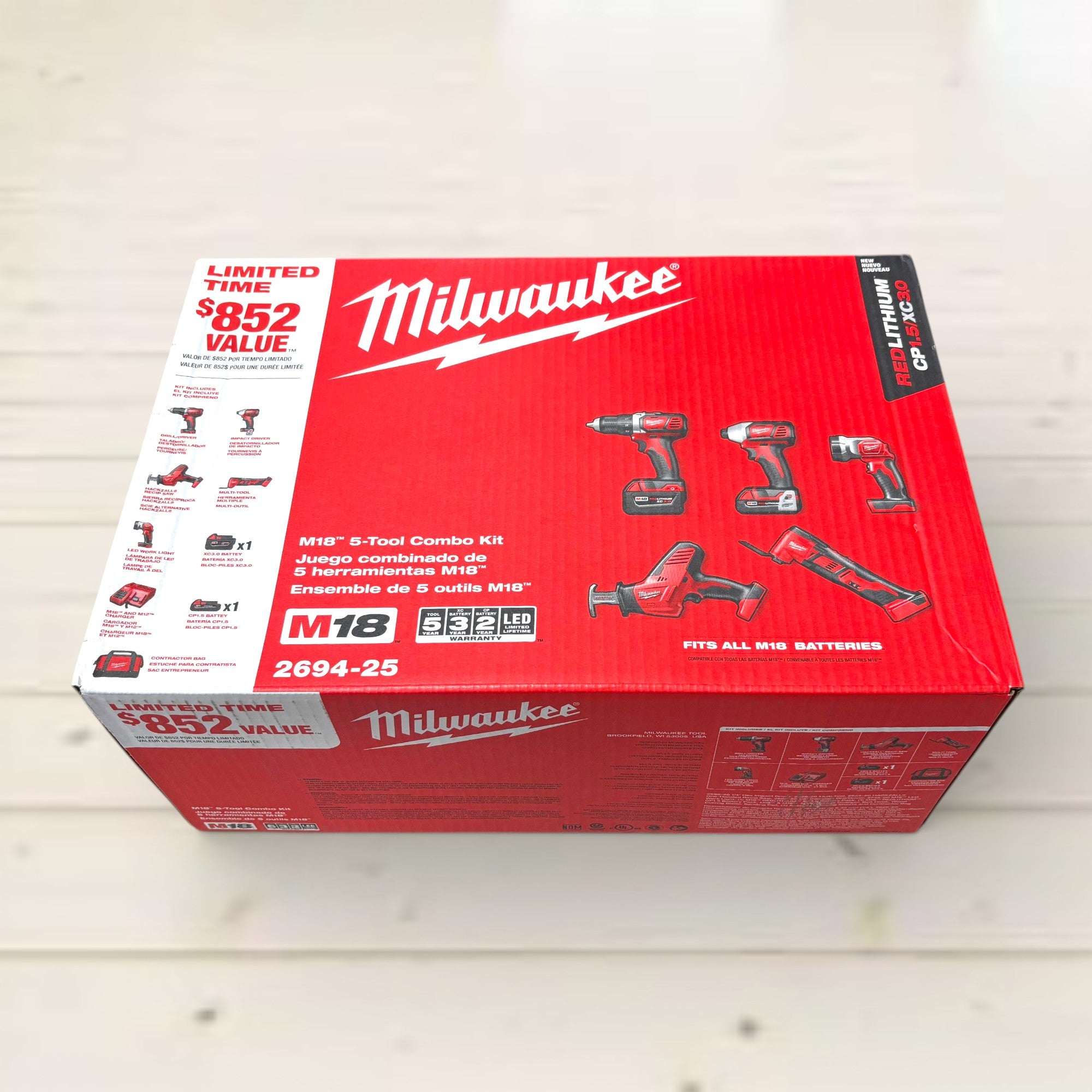 Milwaukee (2694-25) M18 18V Lithium-Ion Cordless Combo Kit (5-Tool) with (2) Batteries, Charger and Tool Bag