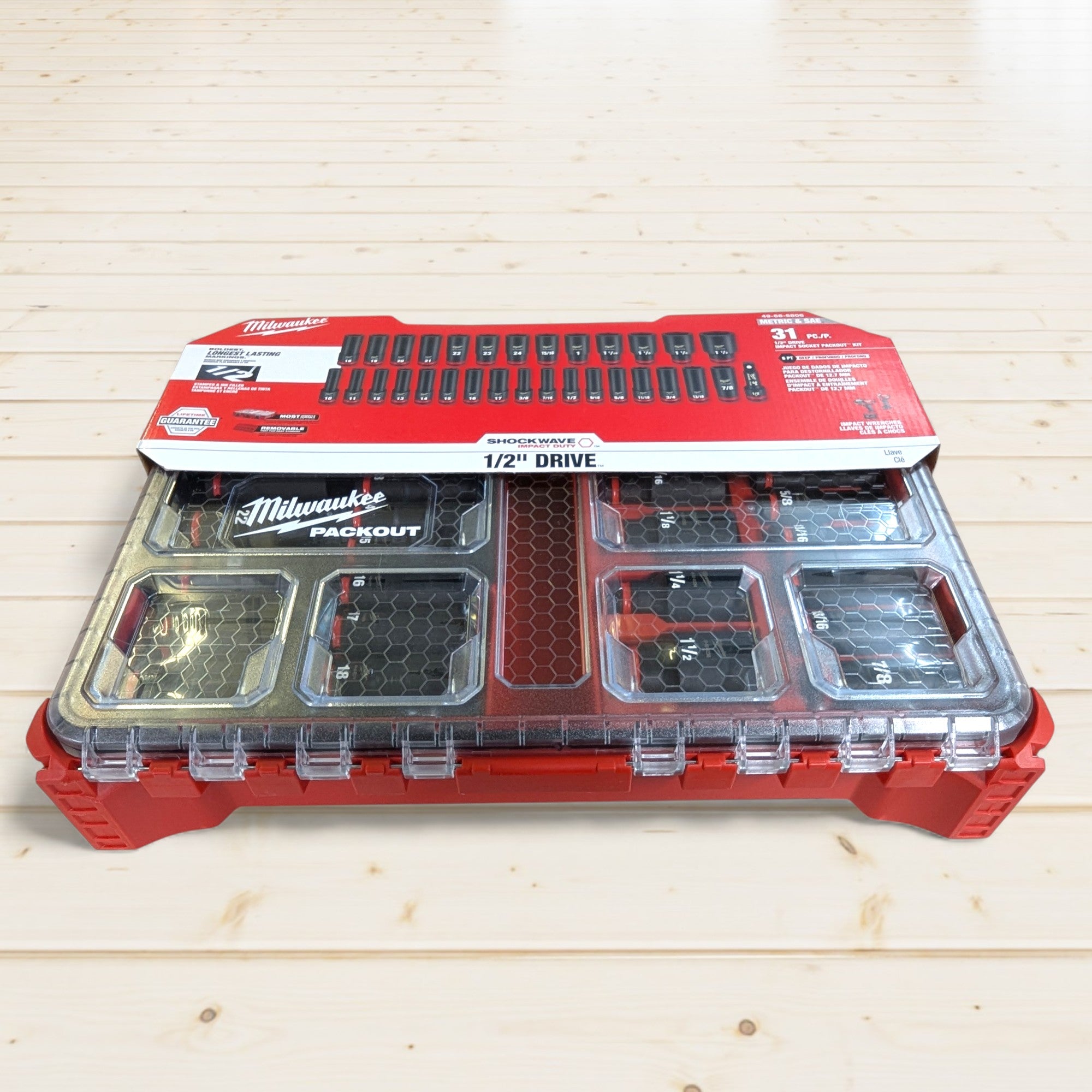 Milwaukee (49-66-6806) SHOCKWAVE Impact-Duty 1/2 in. Drive Metric and SAE Deep Well Impact PACKOUT Socket Set (31-Piece)