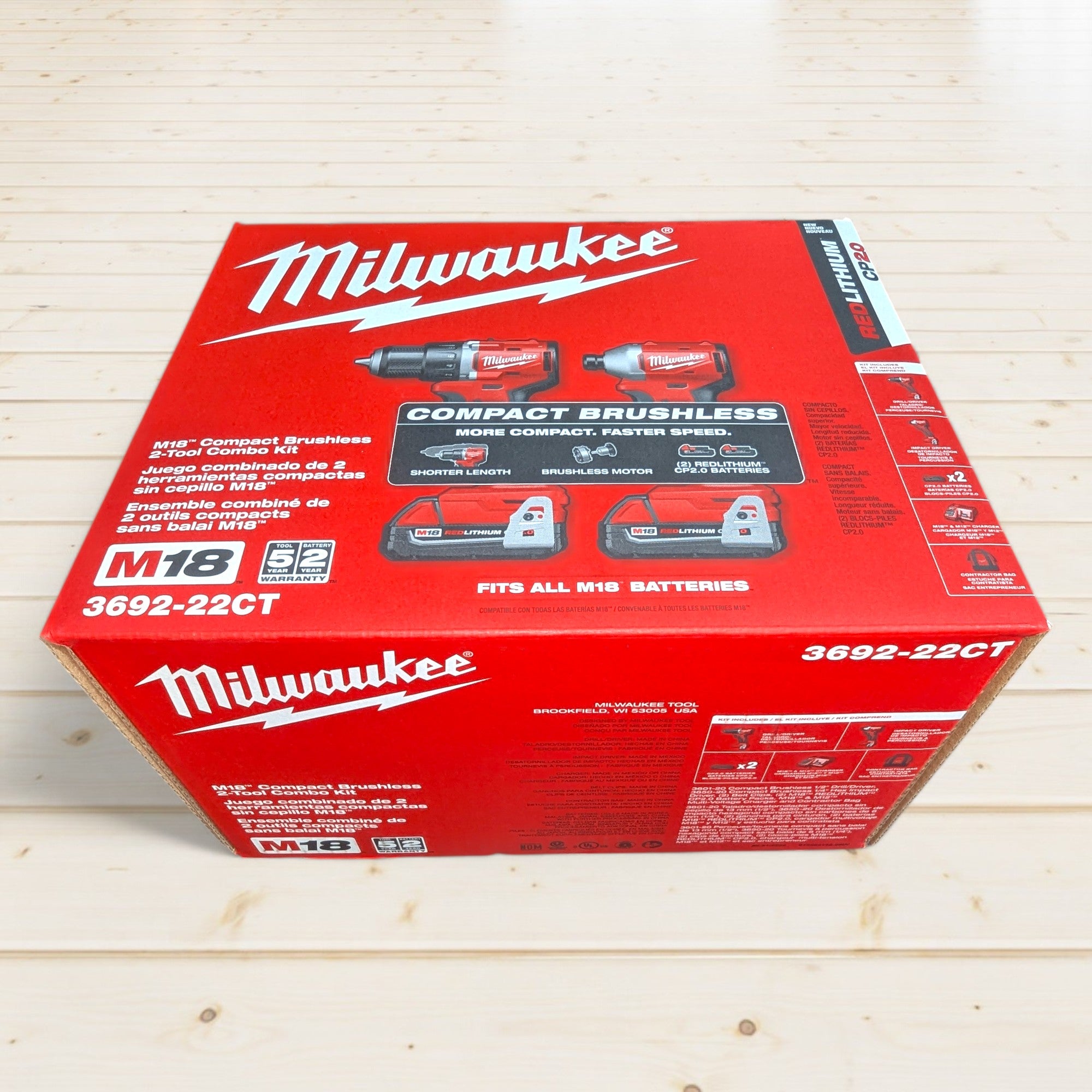 Milwaukee (3692-22CT) M18 18V Lithium-Ion Brushless Cordless Compact Drill/Impact Combo Kit (2-Tool) w/(2) 2.0 Ah Batteries, Charger & Bag