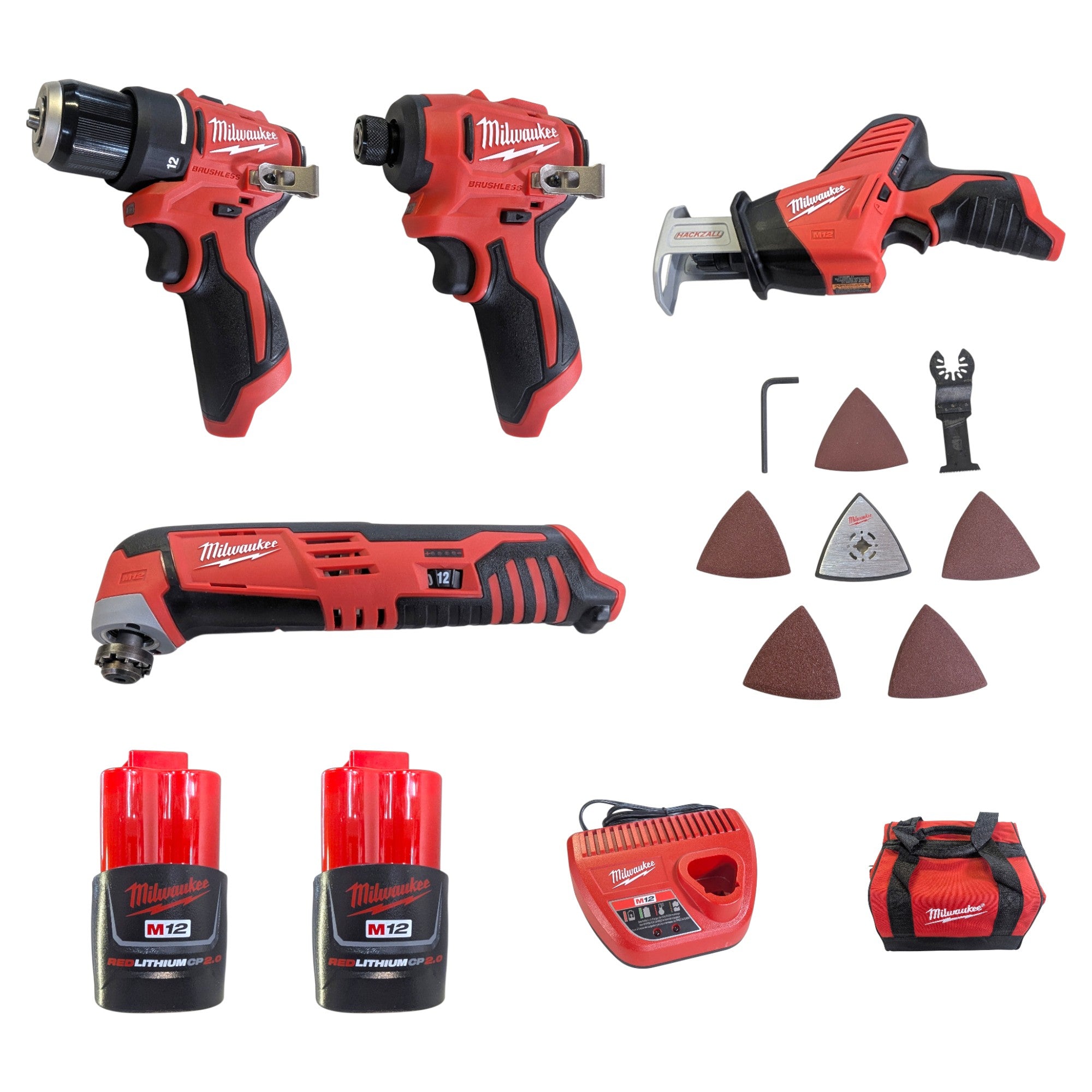 Milwaukee (3494-24) M12 12V Lithium-Ion Brushless Cordless Subcompact Drill and Impact Driver Kit with Hackzall and Multitool 4-Tool Kit