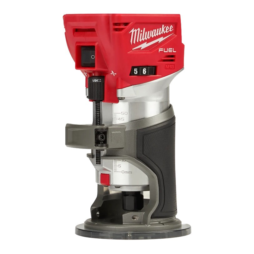 Milwaukee M18 FUEL compact router showing speed dial and depth adjustment scale