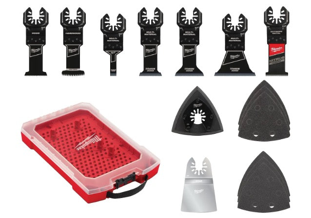 Milwaukee® oscillating tool accessory set including seven cutting blades, sanding pads, a scraper, and a red PACKOUT-style case