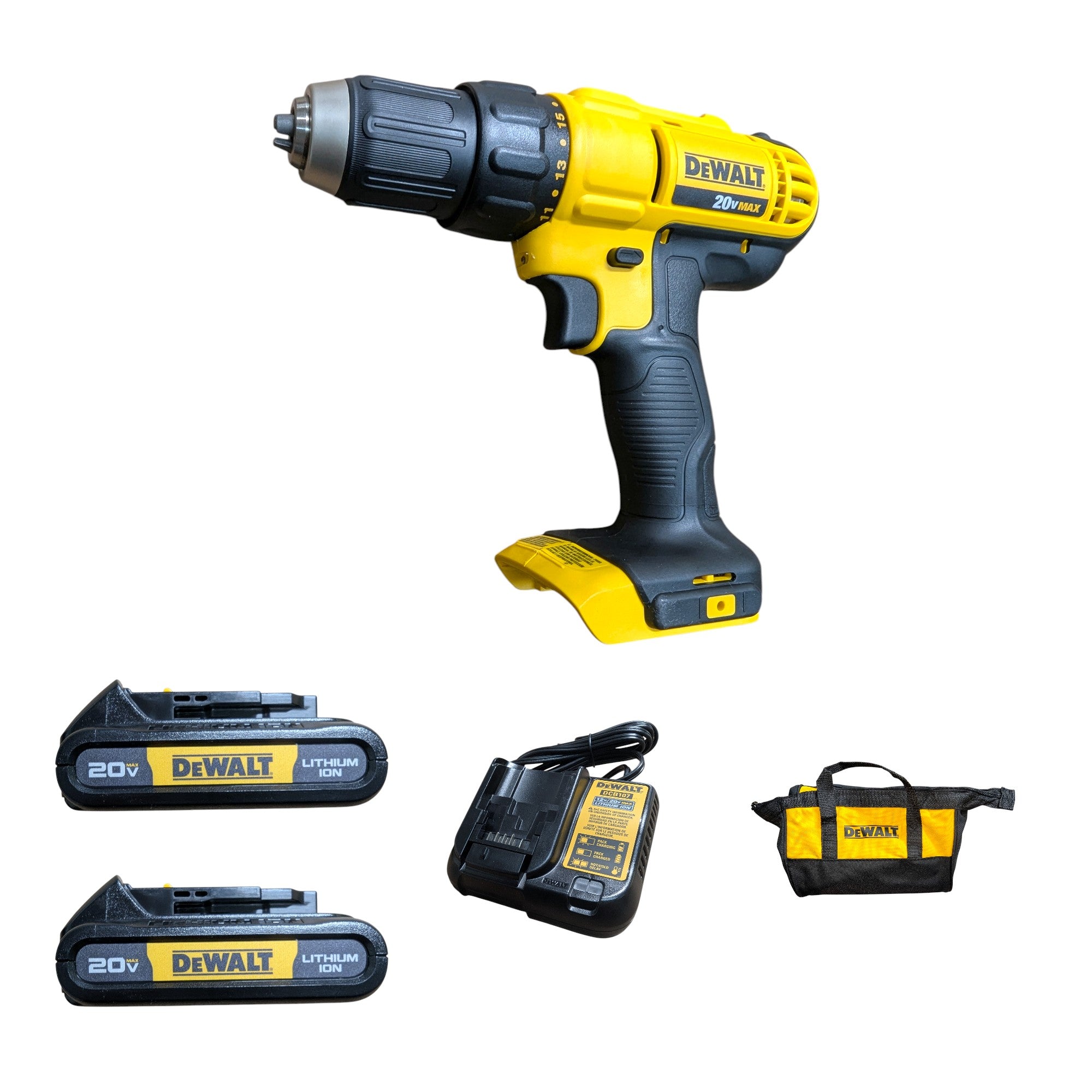 DEWALT (DCD771C2) 20V MAX Cordless 1/2 in. Drill/Driver, (2) 20V 1.3Ah Batteries, Charger and Bag