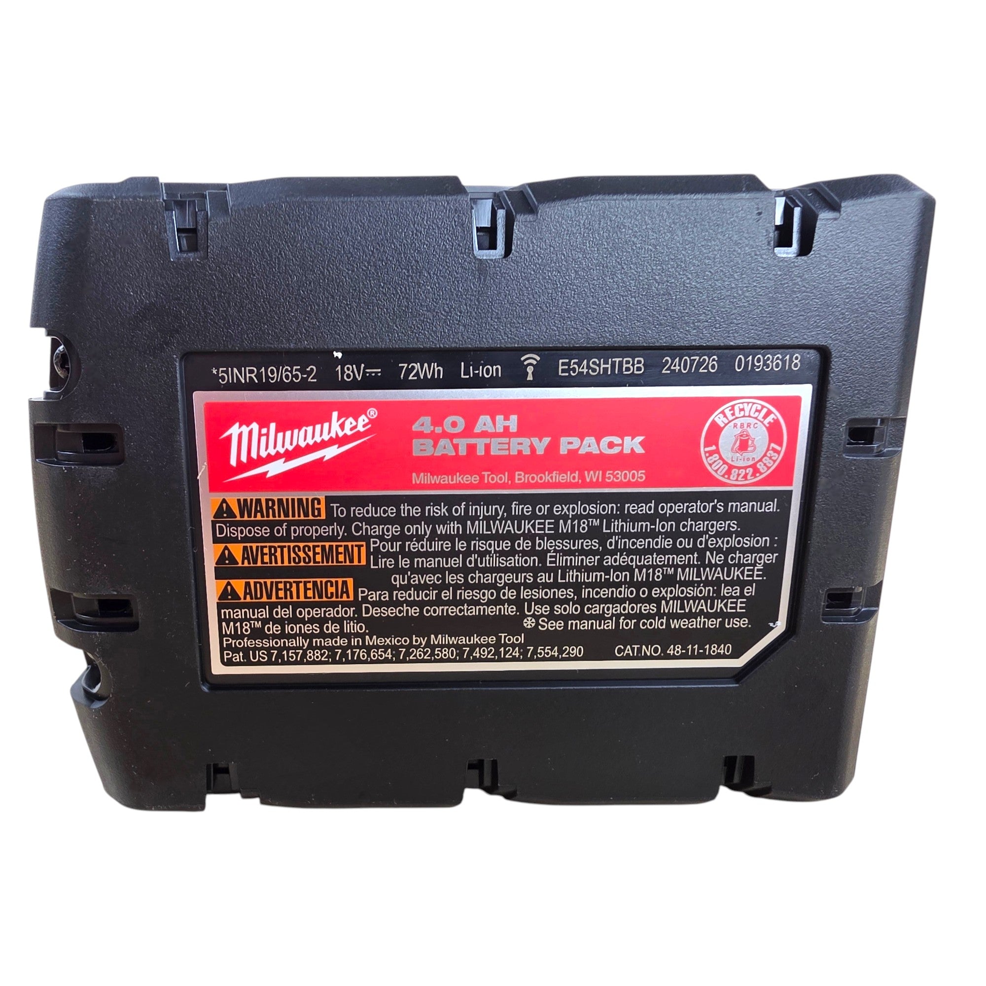 Milwaukee (48-11-1840) M18 18-Volt 4.0 Ah Lithium-Ion XC Extended Capacity Battery Pack - genuine, brand new in secure, non-retail packaging