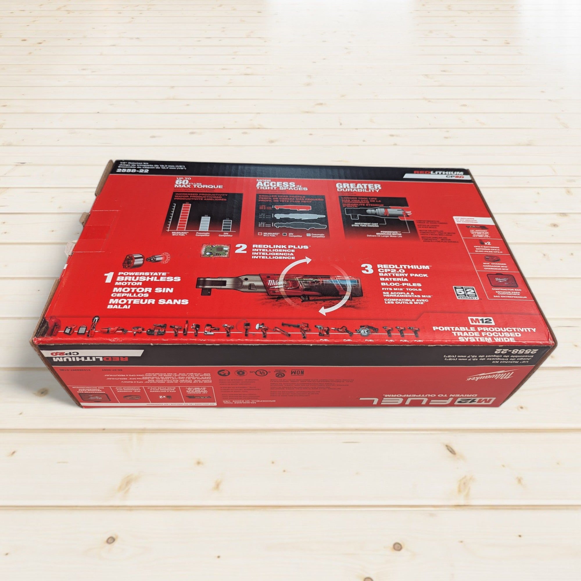 Milwaukee (2558-22) M12 FUEL 12V Lithium-Ion Brushless Cordless 1/2 in. Ratchet Kit W/ (2) 2.0Ah Batteries, Charger & Tool Bag