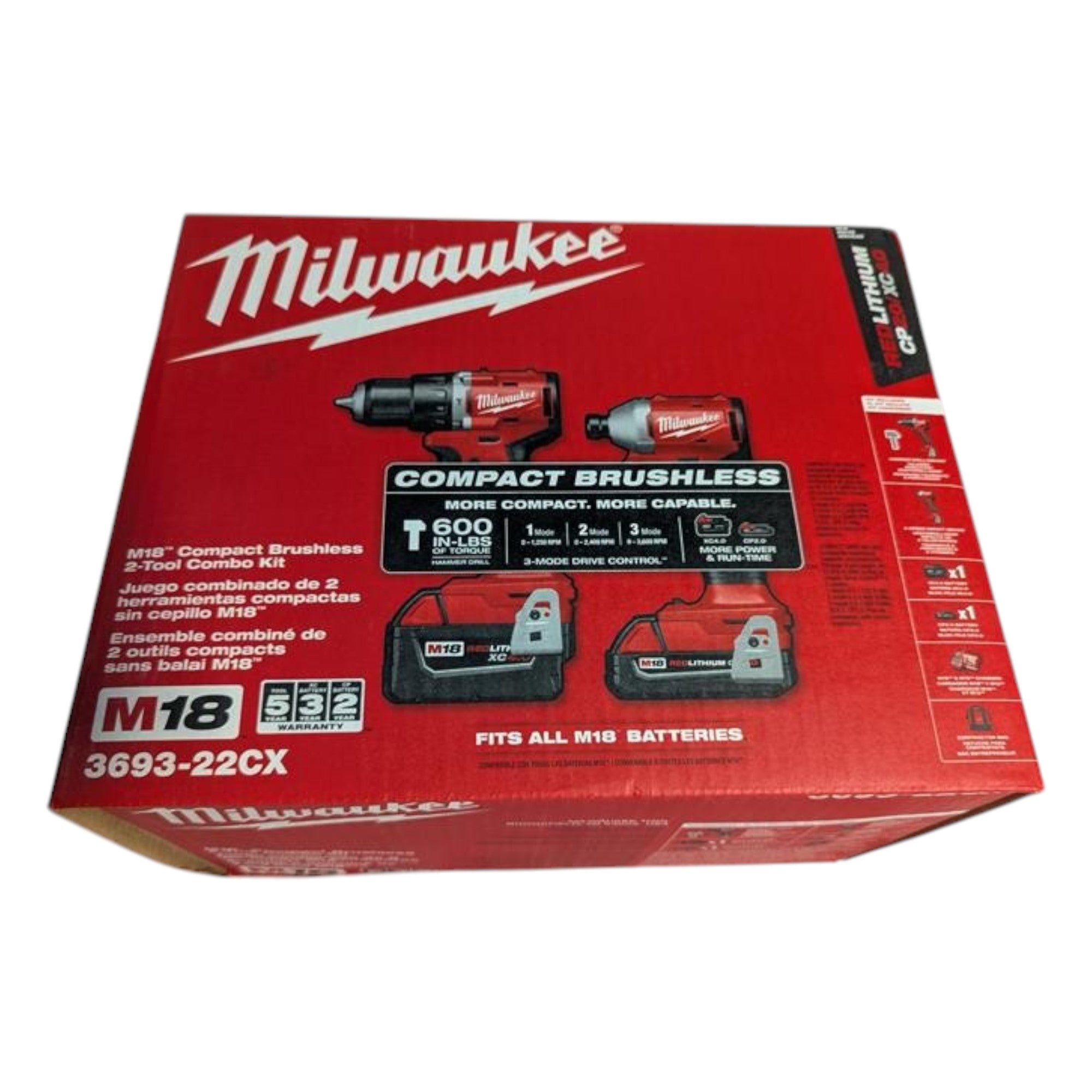 Milwaukee (3693-22CX) M18 18-Volt Lithium-Ion Brushless Cordless Compact Hammer Drill/Impact Combo Kit (2-Tool) with (2) Batteries, Bag