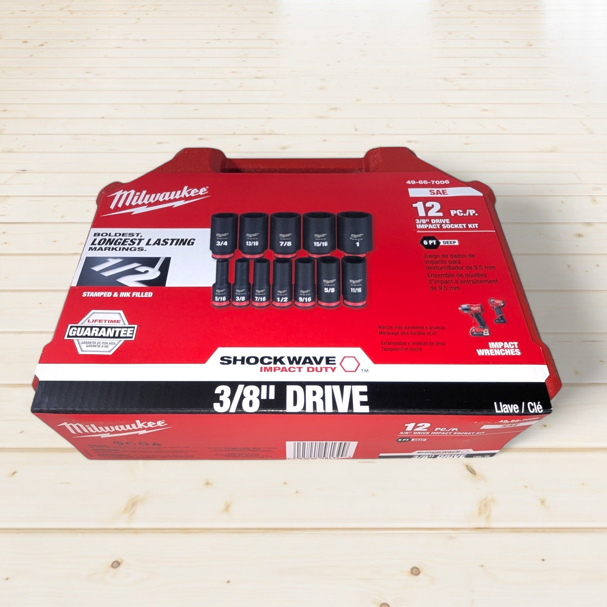 Milwaukee (49-66-7006) SHOCKWAVE 3/8 in. Drive Deep Well 6 Point Impact Socket Set (12-Piece)