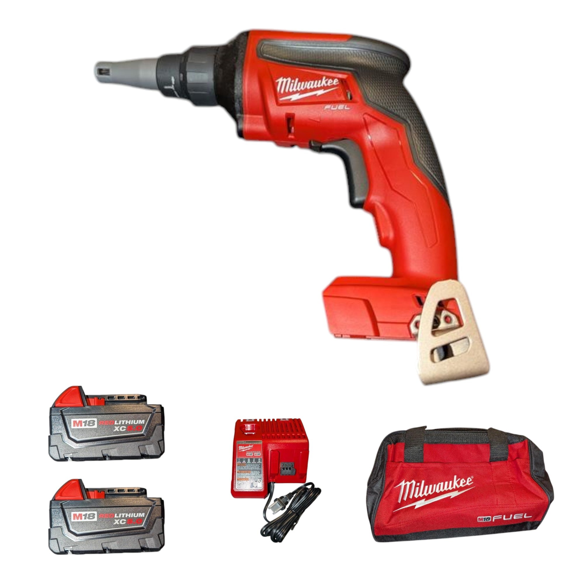 Milwaukee (2866-22) M18 FUEL 18V Lithium-Ion Brushless Cordless Drywall Screw Gun Kit with (2) 5.0Ah Batteries, Charger and Tool Bag