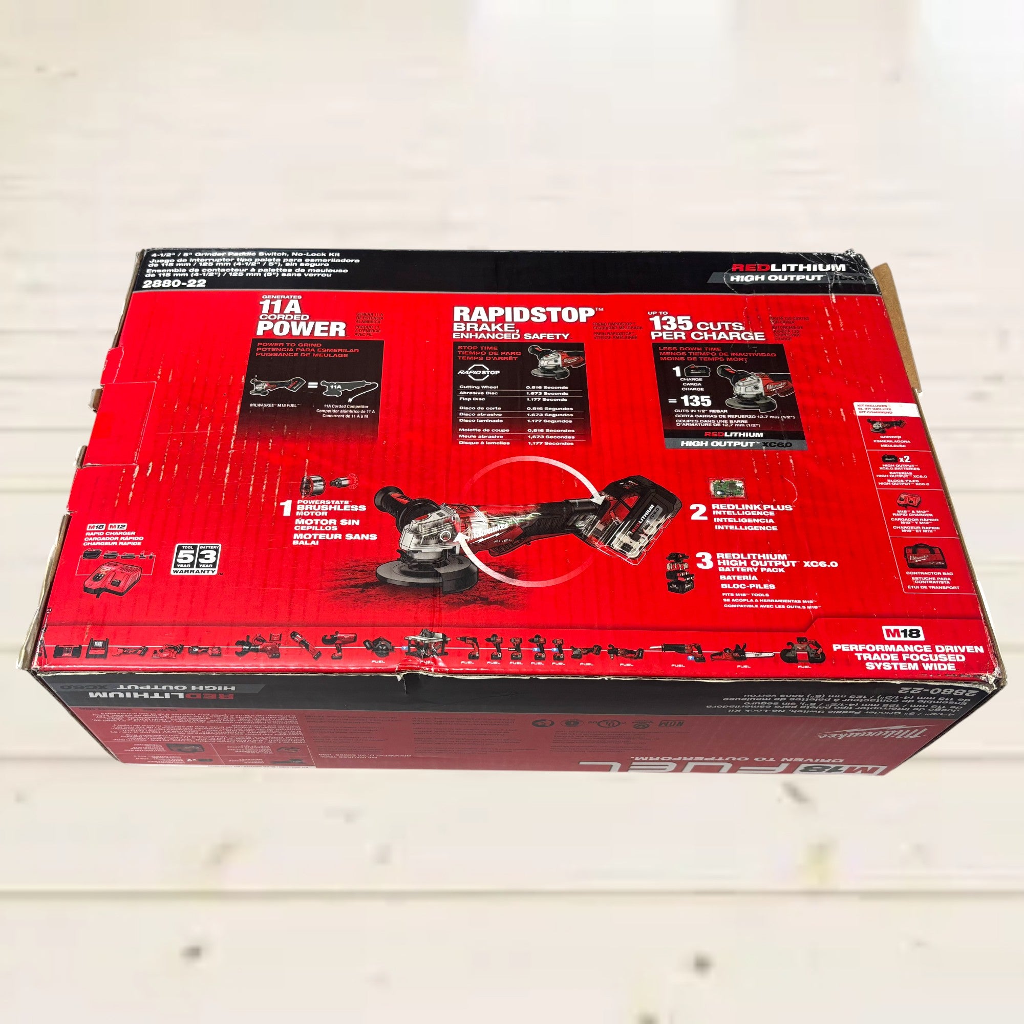 Milwaukee (2880-22)  M18 FUEL 18V Lithium-Ion Brushless Cordless 4-1/2 in./5 in. Grinder, Paddle Switch Kit with Two 6.0 Ah Batteries