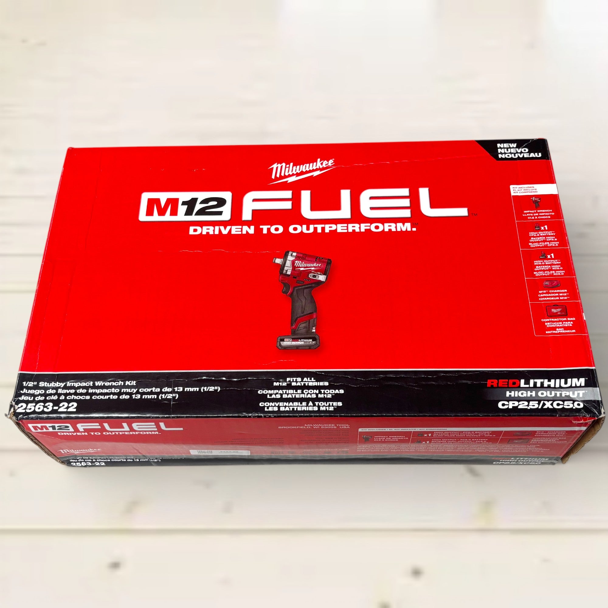 Milwaukee (2563-22)  M12 FUEL 12V Li-Ion Brushless Cordless Stubby 1/2 in. Impact Wrench Kit w/(1) 5.0Ah & (1) 2.5 Ah High Output Batteries