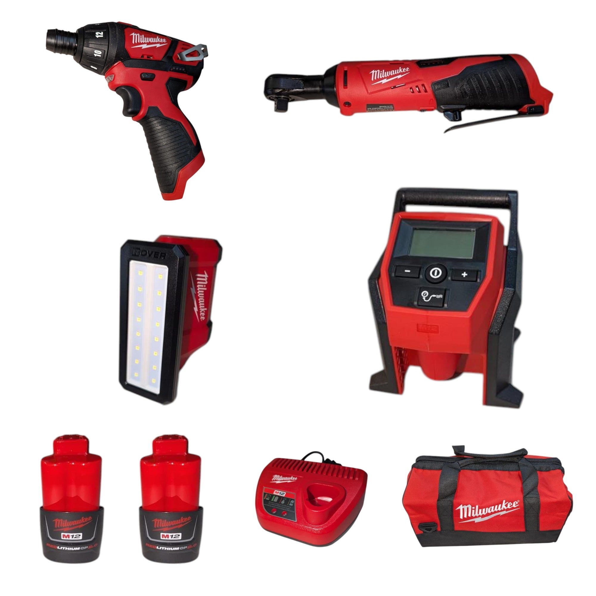 Milwaukee (2492-24)  M12 12V Lithium-Ion Cordless Combo Kit (4-Tool) with Two 2.0Ah Batteries, Charger & Tool Bag