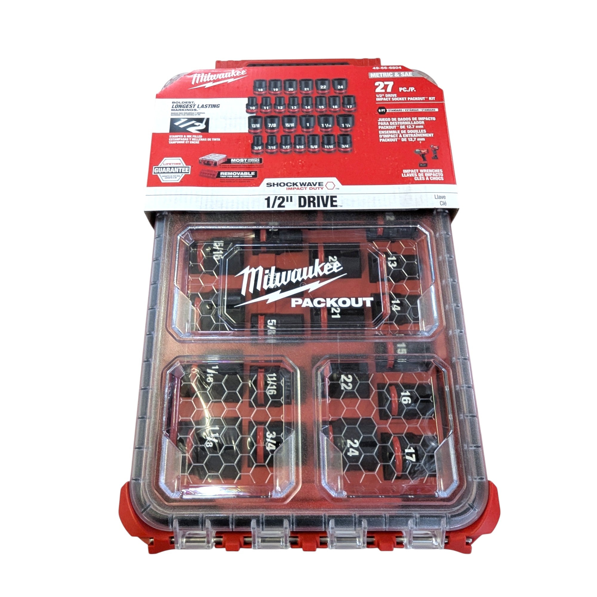Milwaukee (49-66-6804) SHOCKWAVE Impact-Duty 1/2 in. Drive Metric and SAE Standard Impact PACKOUT Socket Set (27-Piece)