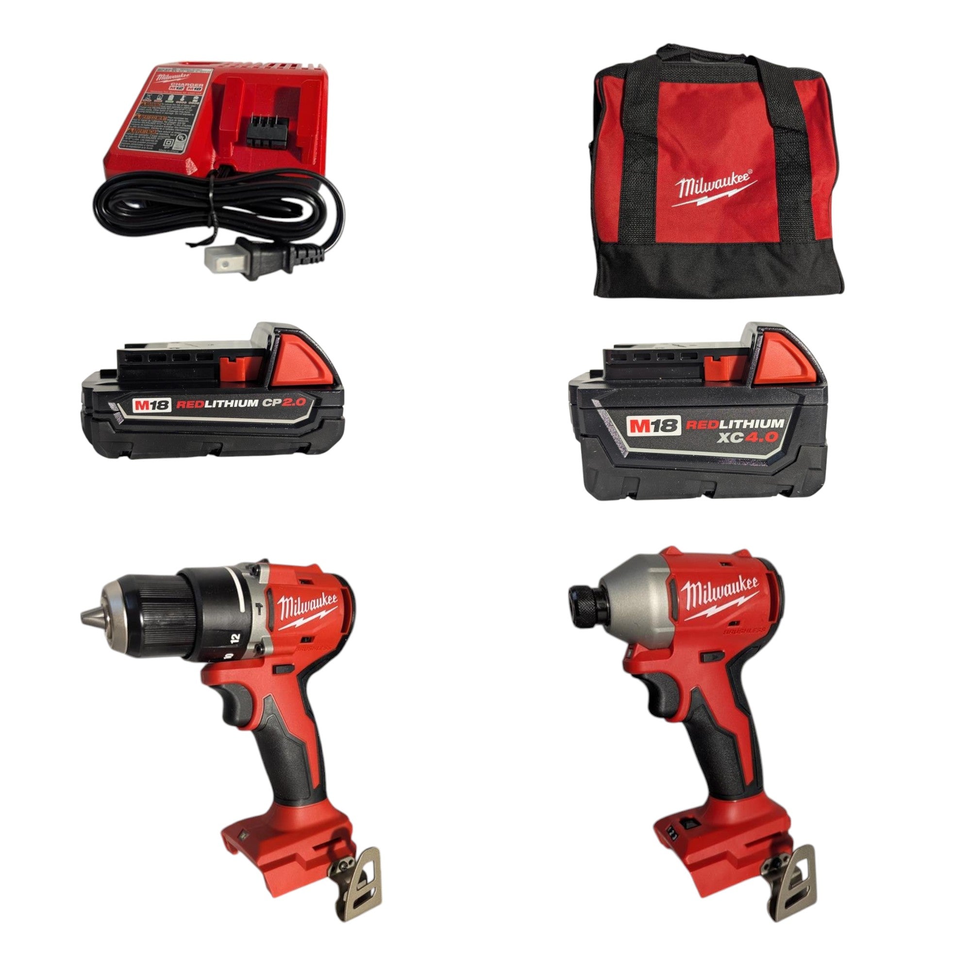 Milwaukee (3693-22CX) M18 18-Volt Lithium-Ion Brushless Cordless Compact Hammer Drill/Impact Combo Kit (2-Tool) with (2) Batteries, Bag