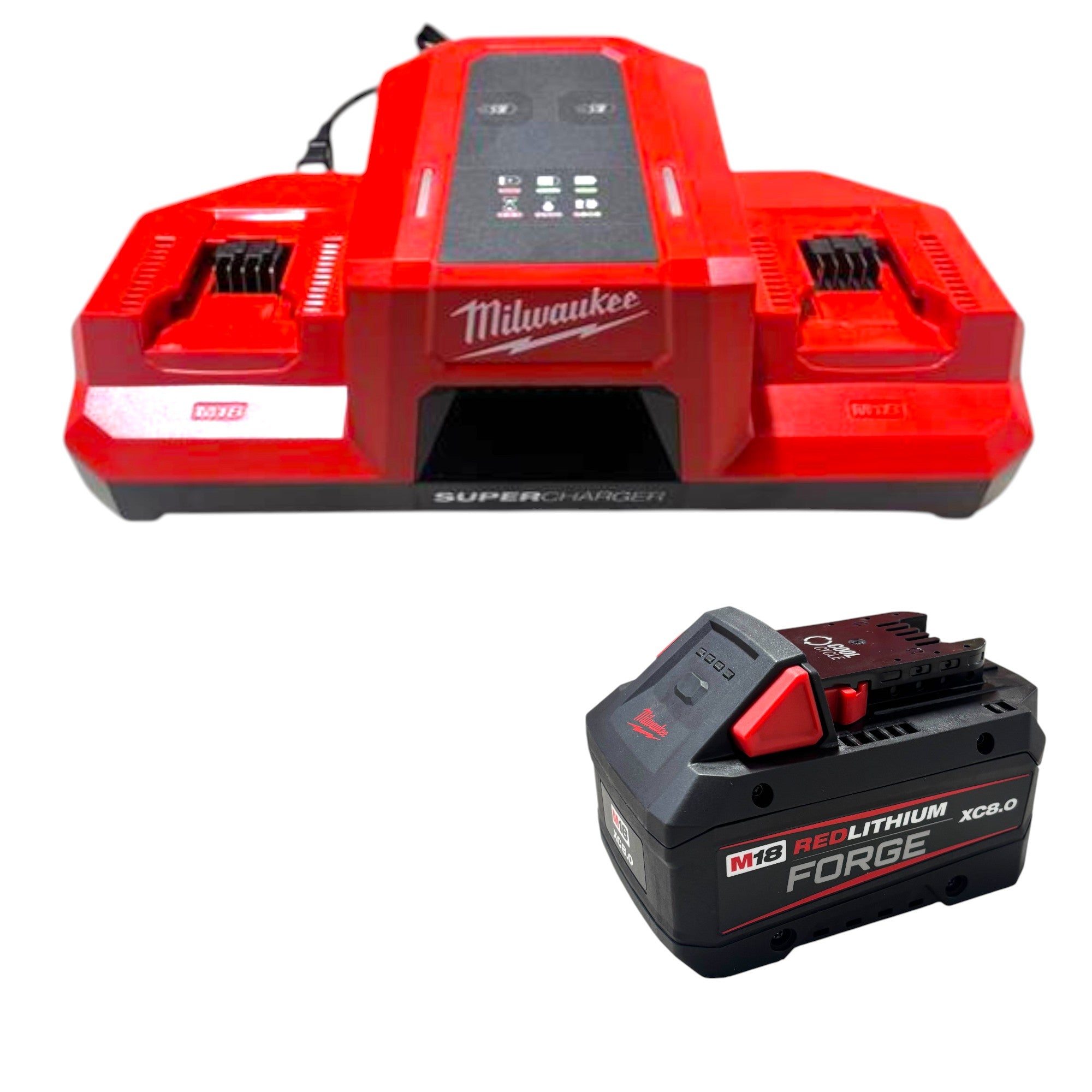 Milwaukee (48-59-1881SC) M18 18V Lithium-Ion REDLITHIUM FORGE 8.0 Ah Battery Pack with M18 18V Dual Bay Simultaneous Super Charger