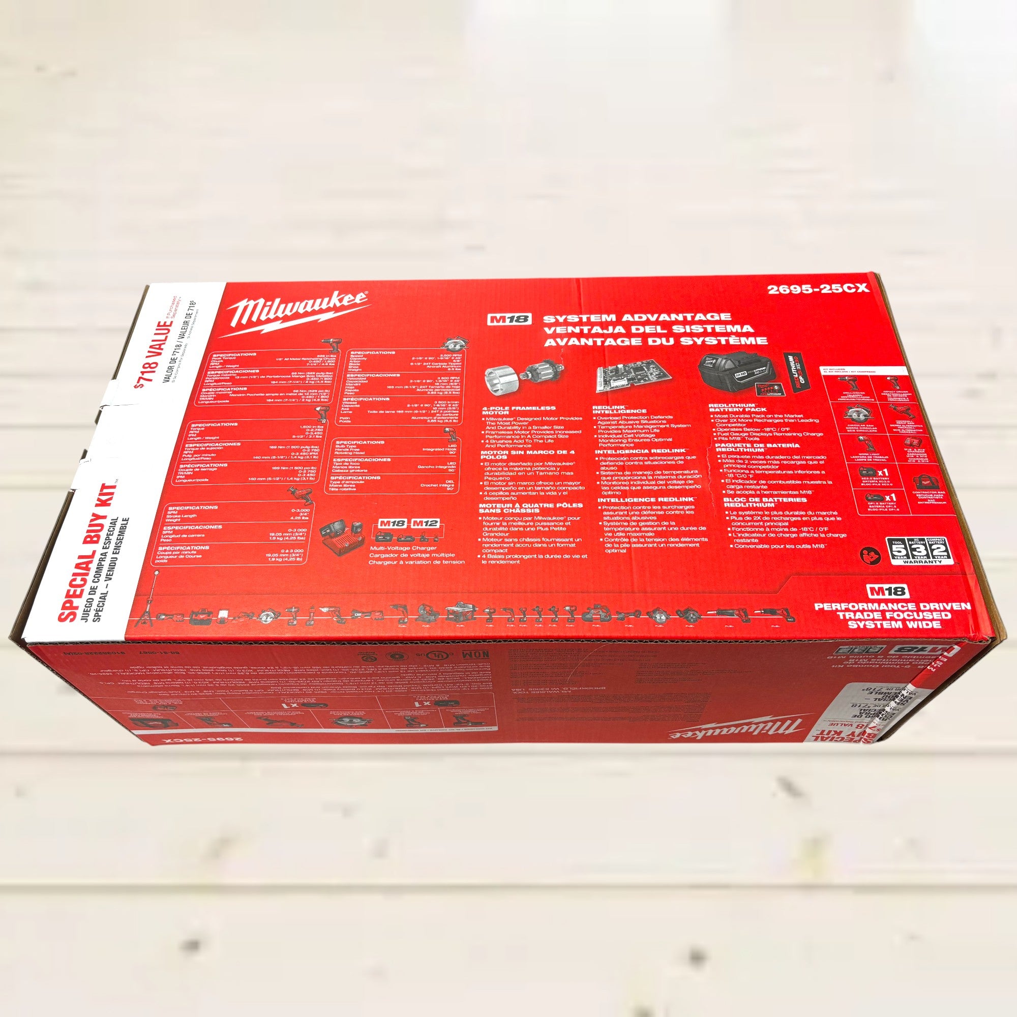 Milwaukee (2695-25CX)  M18 18V Lithium-Ion Cordless Combo Kit (5-Tool) with (1) 3.0Ah and (1) 1.5Ah Battery, (1) Charger, (1) Tool Bag