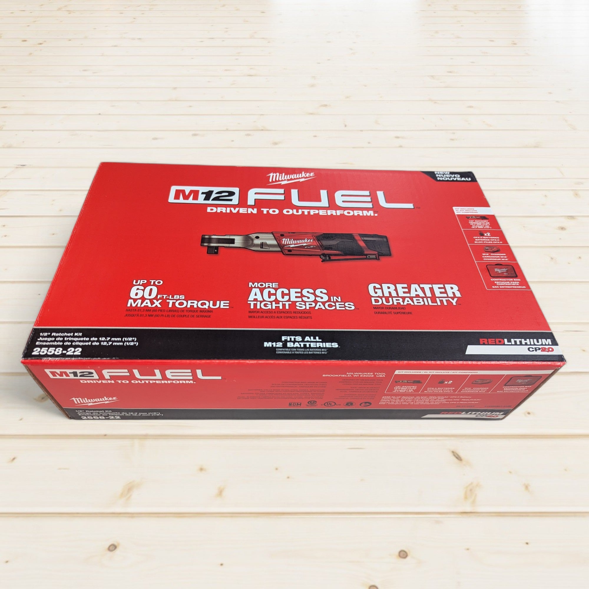 Milwaukee (2558-22)  M12 FUEL 12V Lithium-Ion Brushless Cordless 1/2 in. Ratchet Kit W/ (2) 2.0Ah Batteries, Charger & Tool Bag