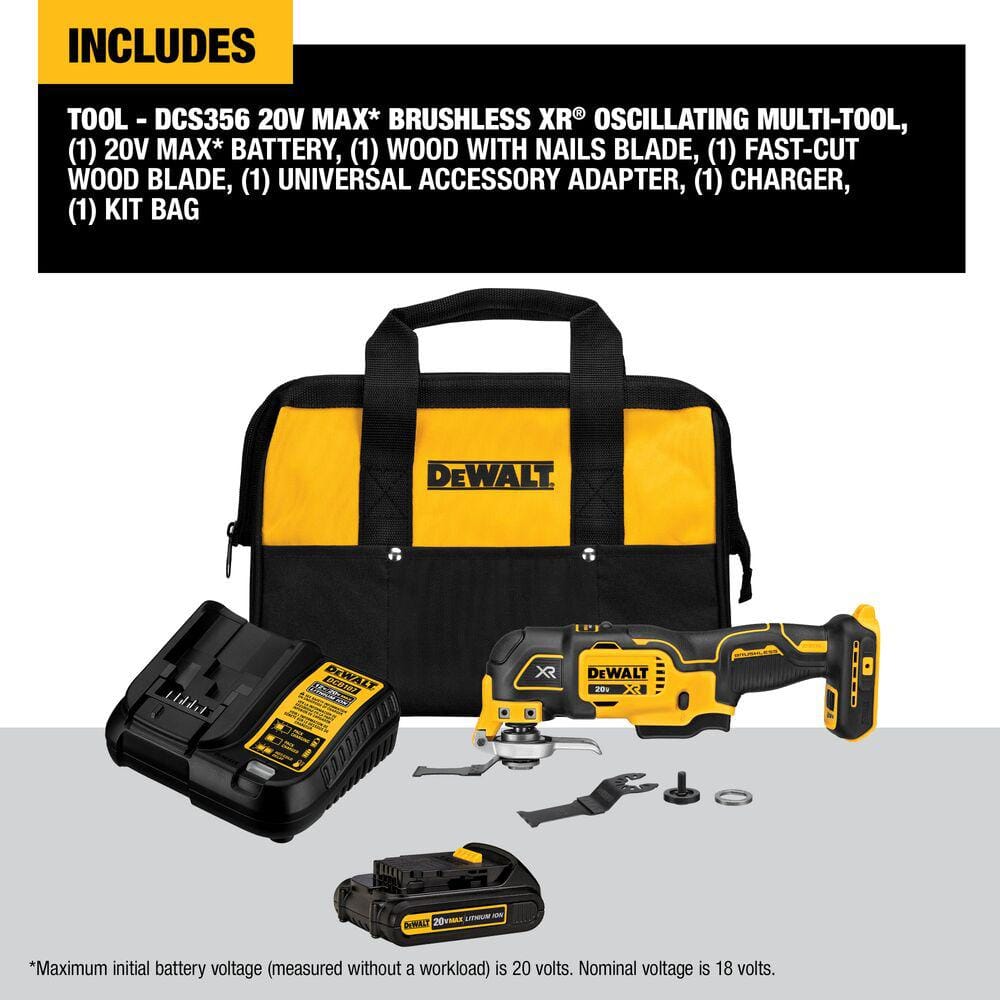 DEWALT (DCS356C1) 20V MAX XR Cordless Brushless 3-Speed Oscillating Multi Tool with (1) 20V 1.5Ah Battery and Charger