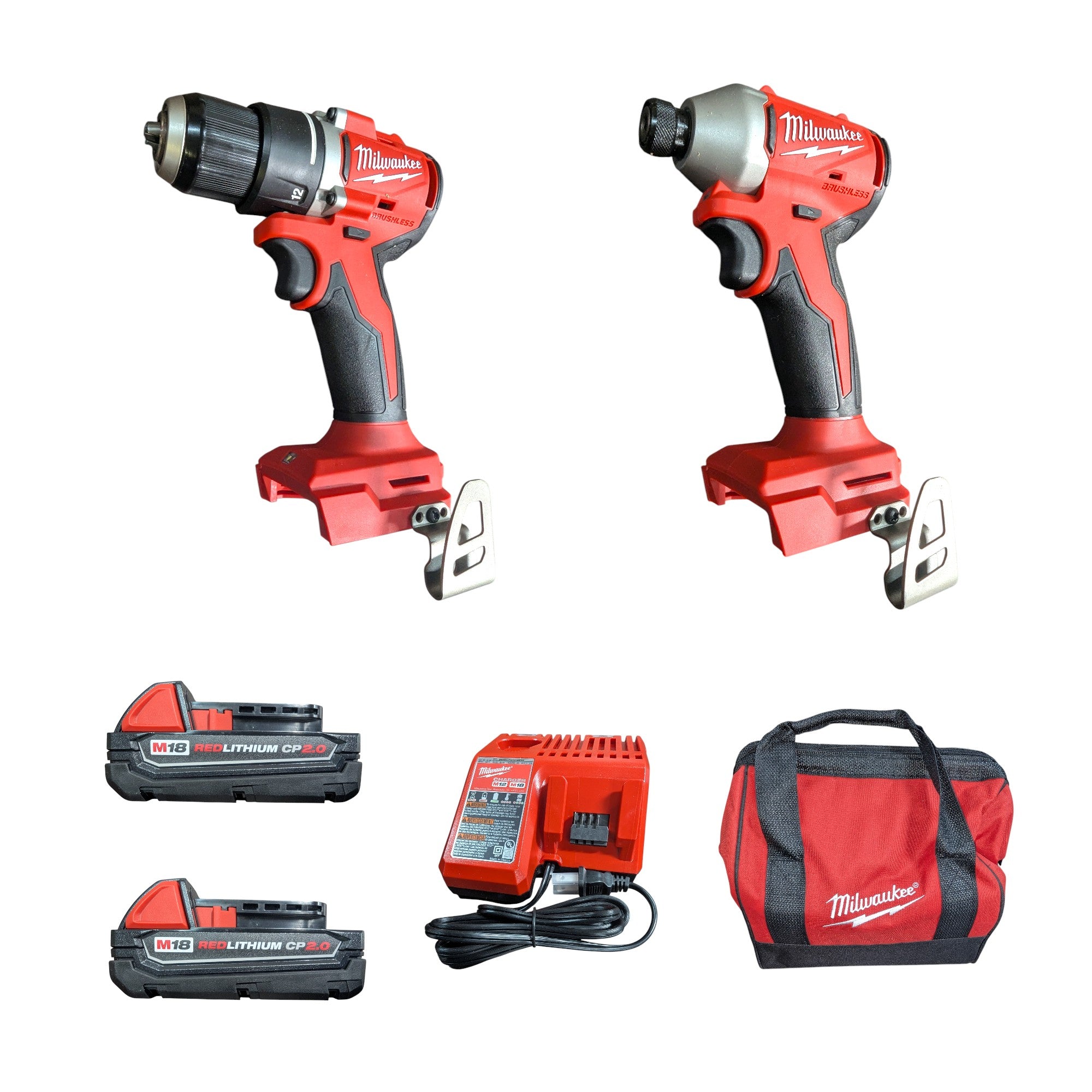 Milwaukee (3692-22CT) M18 18V Lithium-Ion Brushless Cordless Compact Drill/Impact Combo Kit (2-Tool) w/(2) 2.0 Ah Batteries, Charger & Bag