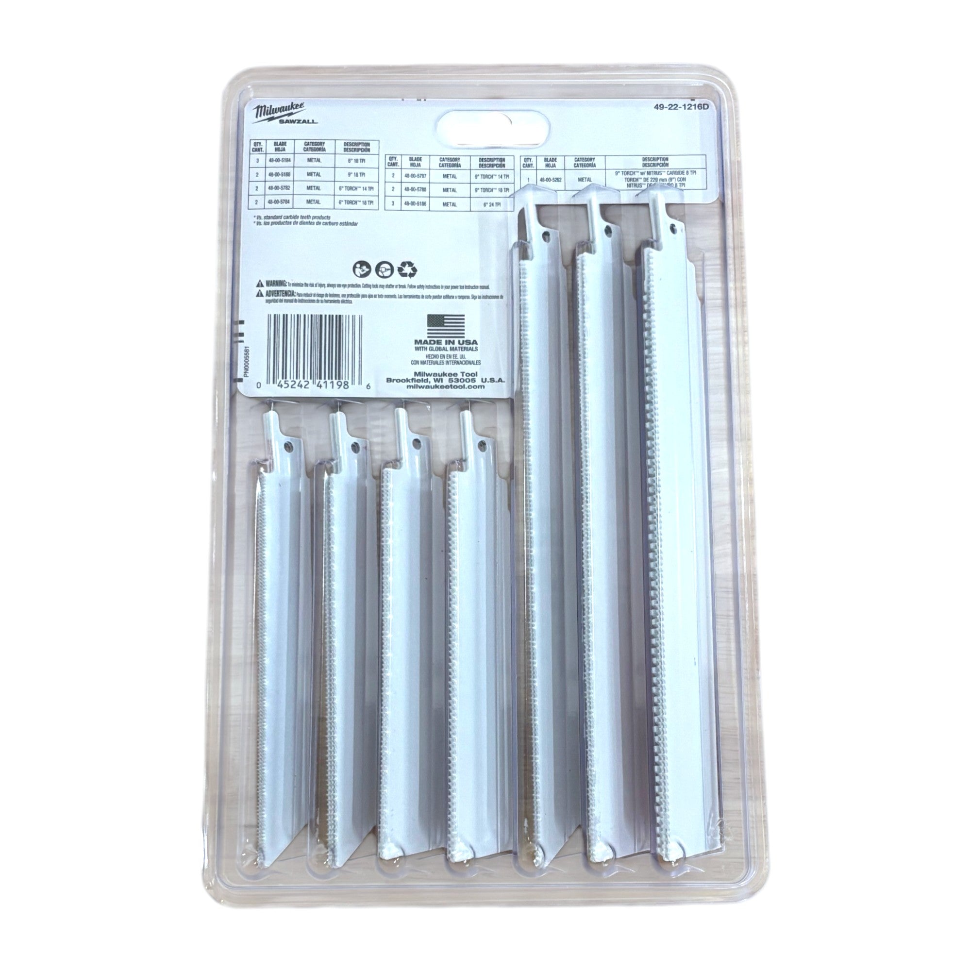 Milwaukee (49-22-1216D) SAWZALL Metal Cutting Bi-Metal Reciprocating Blade Set W/ 9 in. 8 TPI Carbide TORCH Blade (17 Piece)