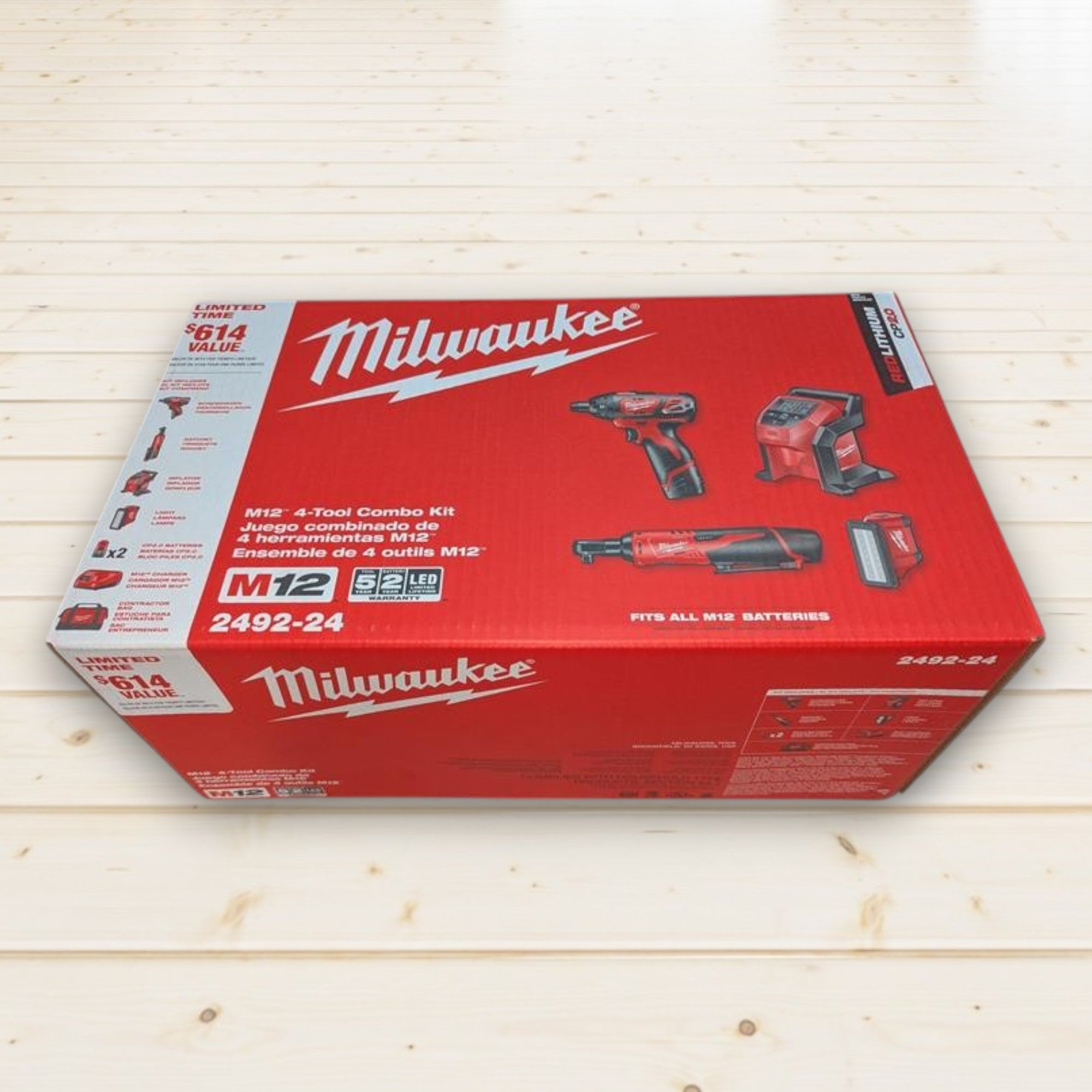 Milwaukee (2492-24)  M12 12V Lithium-Ion Cordless Combo Kit (4-Tool) with Two 2.0Ah Batteries, Charger & Tool Bag