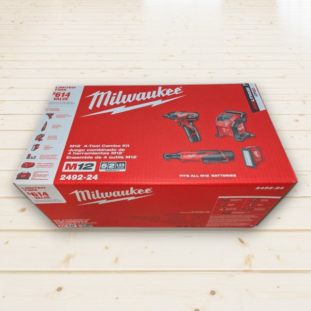 Milwaukee (2492-24) M12 12V Lithium-Ion Cordless Combo Kit (4-Tool) with Two 2.0Ah Batteries, Charger & Tool Bag